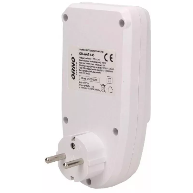 ORNO OR-WAT-435 Digitaalne energiamõõtur LCD-ekraaniga, 230V, 16A, 3680W, F-tüüpi pistik