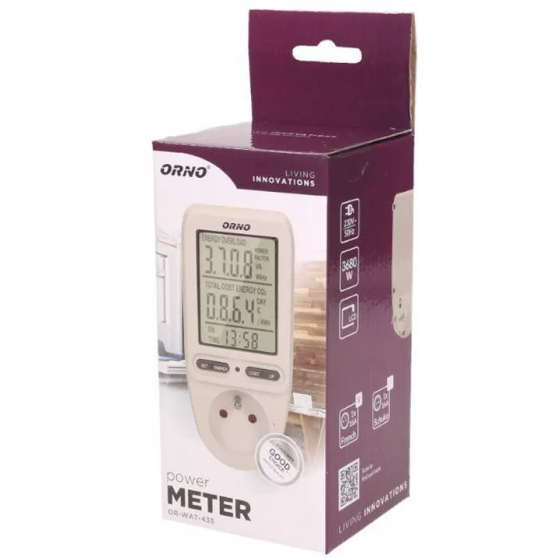 ORNO OR-WAT-435 Digitaalne energiamõõtur LCD-ekraaniga, 230V, 16A, 3680W, F-tüüpi pistik