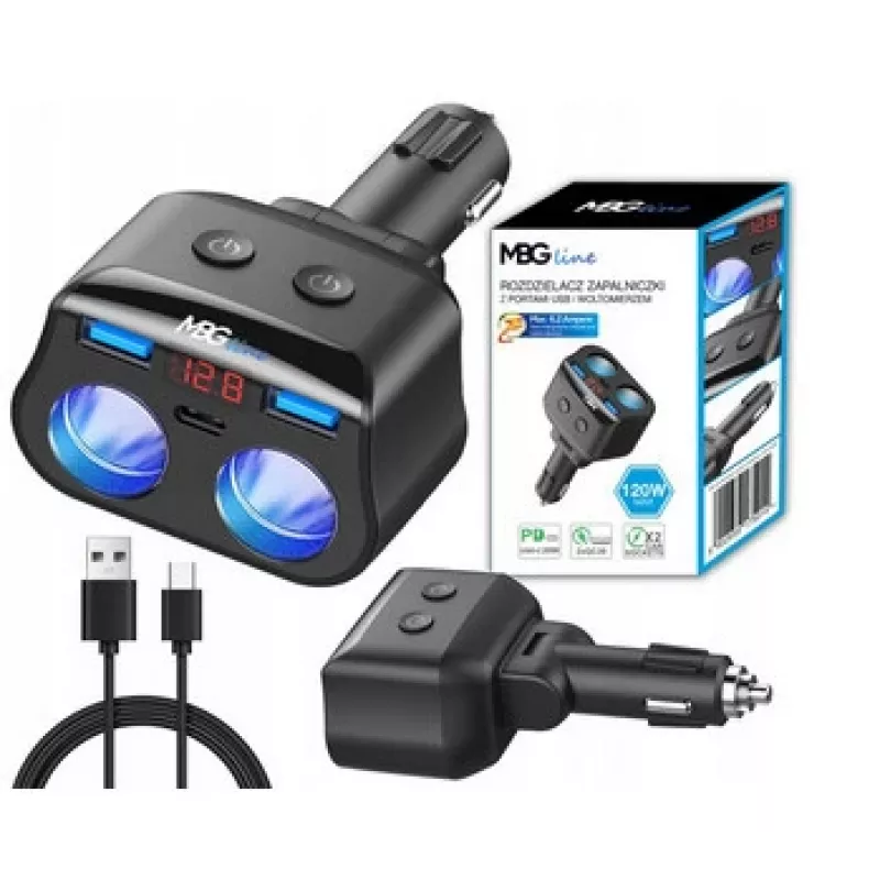 MBG Line HC69PD 3-suunaline sigaretisüütaja jagaja 2x USB-C PD 30W ja 2x USB-A QC 3.0, LED-pingeindikaator, 180W