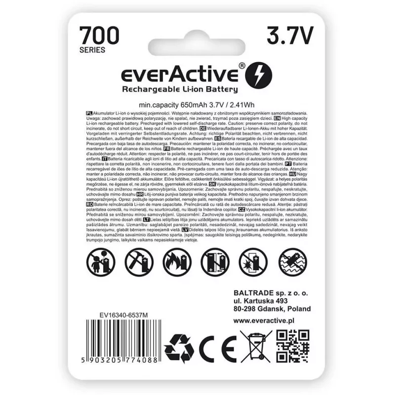 EVERACTIVE 16340 3.7V 700mAh Laetav Li-ioon Aku Kaitseahelaga (1 Tükk)