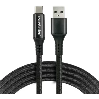 EVERACTIVE USB-A to USB-C kaabel LCD-ekraaniga, 2m, 3A, 60W PD, nailonpunutisega, must