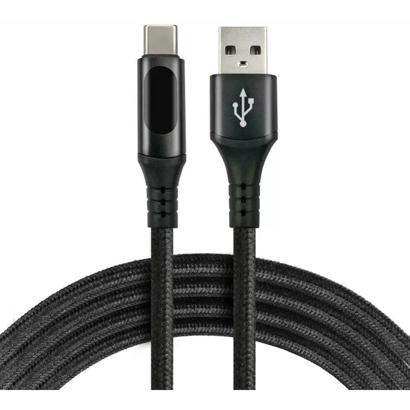 EVERACTIVE USB-A to USB-C kaabel LCD-ekraaniga, 2m, 3A, 60W PD, nailonpunutisega, must