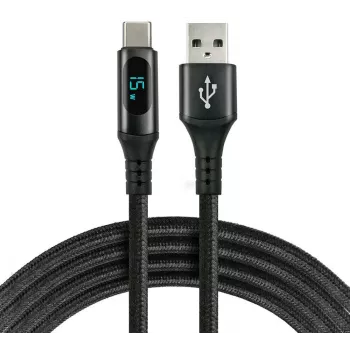 EVERACTIVE USB-A to USB-C kaabel LCD-ekraaniga, 2m, 3A, 60W PD, nailonpunutisega, must