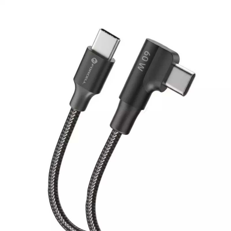 Forcell F-Energy CC-1Deg USB-C to USB-C kaabel 100W PD QC4.0 5A 2m Must 90° Nurga all