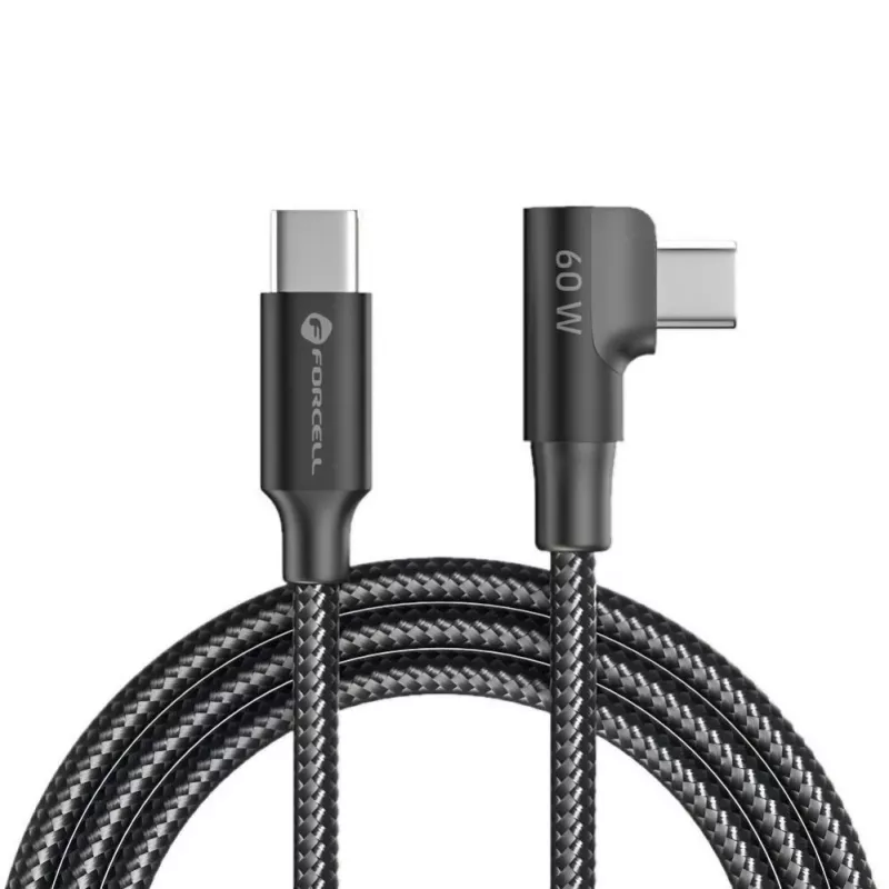 Forcell F-Energy CC-1Deg USB-C to USB-C kaabel 100W PD QC4.0 5A 2m Must 90° Nurga all