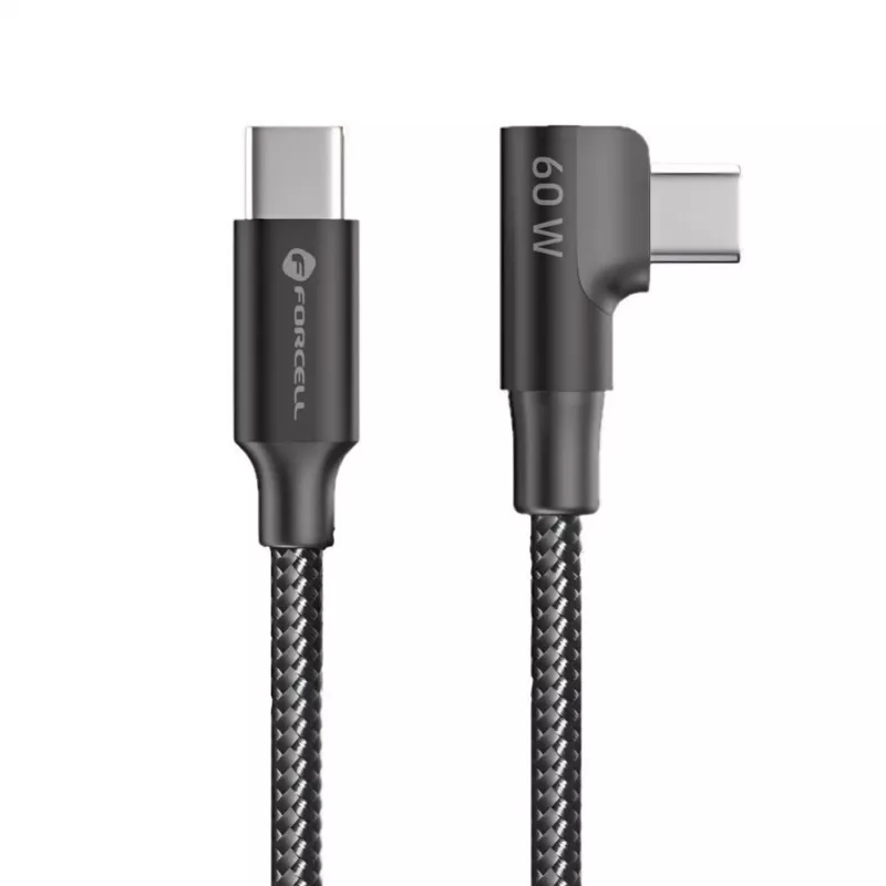 Forcell F-Energy CC-1Deg USB-C to USB-C kaabel 100W PD QC4.0 5A 2m Must 90° Nurga all