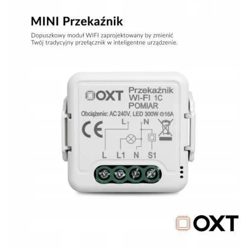 OXT T220P Wi-Fi releemoodul, 1 vooluring, 16 A, energiamõõtmine, Tuya