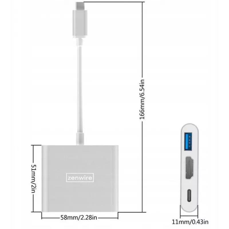 ZENWIRE BYL-2008N 3-in-1 MHL Hub USB-C to HDMI 4K Adapter, Space Gray