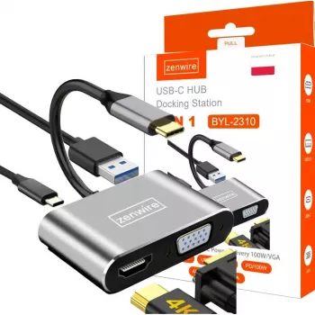ZENWIRE USB-C Multiport Adapter Hub 4-in-1 HDMI 4K VGA USB-A Space Gray BYL-2310