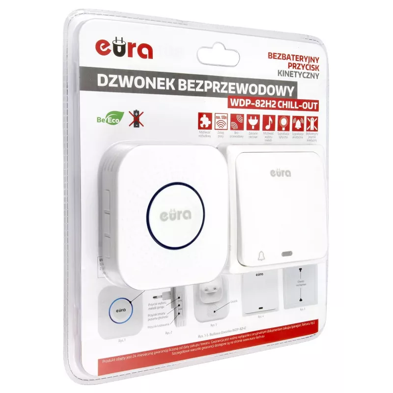 EURA WDP-82H2 Traadita uksekella komplekt, patareivaba kineetiline saatja, 36 meloodiat, 100 m ulatus, valge