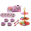 LEAN TOYS Teekomplekt kohvris - 15-osaline tinast lauanõude komplekt tasside, taldrikute, koogialuse ja serveerimisaluse - roosa, sinine, valge lilleline disain - kaasaskantav rollimängumäng lastele alates 3. eluaastast