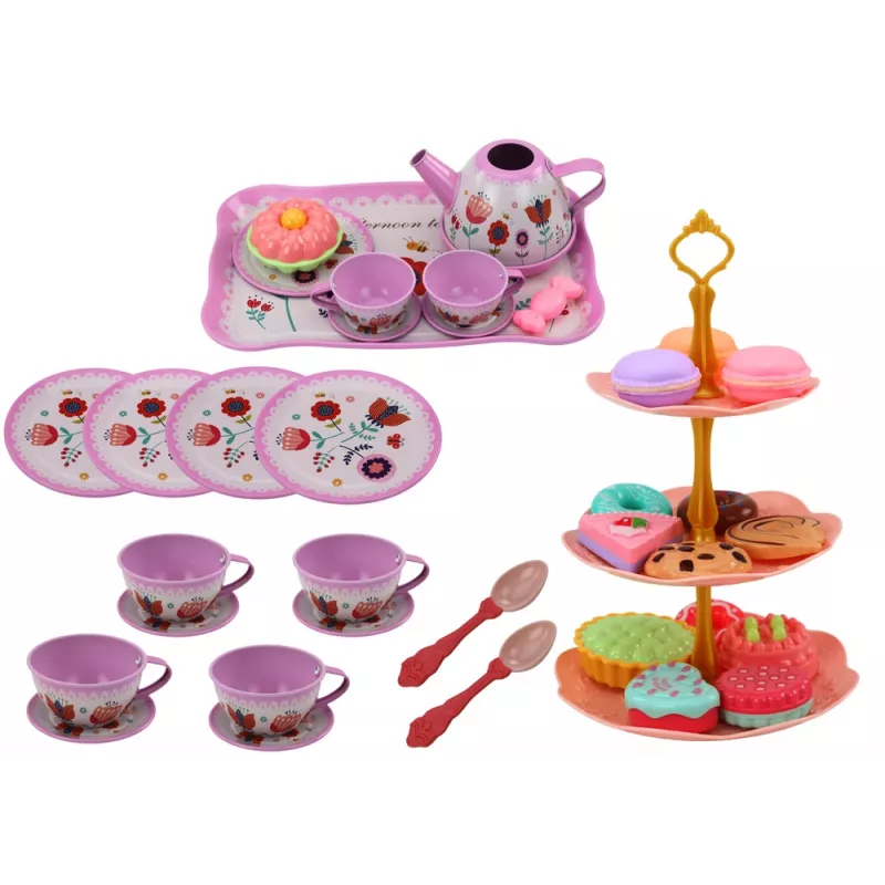 LEAN TOYS Teekomplekt kohvris - 15-osaline tinast lauanõude komplekt tasside, taldrikute, koogialuse ja serveerimisaluse - roosa, sinine, valge lilleline disain - kaasaskantav rollimängumäng lastele alates 3. eluaastast