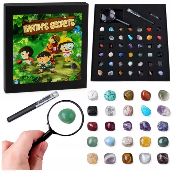 LEAN TOYS Mineraalikivide ja looduslike kristallide komplekt suurendusklaasi ja pastakaga, 43 tk
