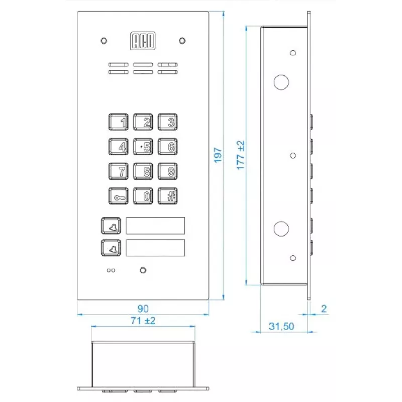 ACO FAM-P-2NPZSACC 2-perekonna sissepandav välisukse paneel RFID-lugeja ja koodlukuga, hõbedane