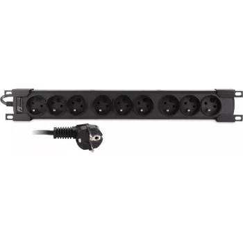 Getfort GF-9R30/FR 9-pistikupesaga 1U riiulisse paigaldatav toiteplokk prantsuse pistikupesadega, 3m kaabel, 16A, must
