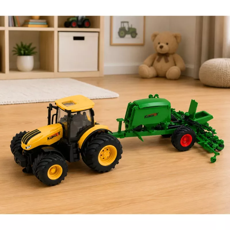 LEAN TOYS Põllumajandustraktor koos külviku ja kultivaatoriga Tuled Helid Kollane 1:24