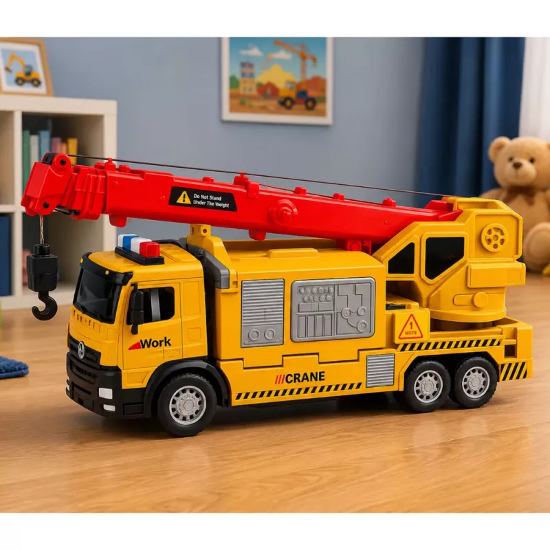 LEAN TOYS Veoauto kraana ja sõidukite transporteriga, tuled ja helid, kollane