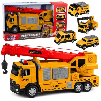 LEAN TOYS Veoauto kraana ja sõidukite transporteriga, tuled ja helid, kollane