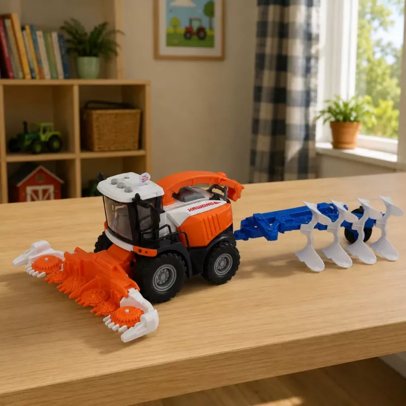 LEAN TOYS Põllumajanduslik Kombain koos Koristusagregaadi ja Adraga, Talupidaja Figuurid, Hobune, Tuled ja Helid, 4 tk.