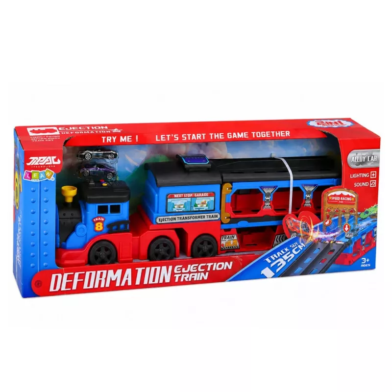 LEAN TOYS Locomotive Transporter with Cars Track Launcher Ramp Lights Sounds