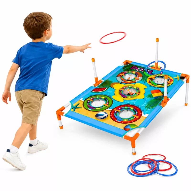 LEAN TOYS 4-in-1 Sihtmärgi viskeoskusmäng laua, kottide, rõngaste ja frisbeega