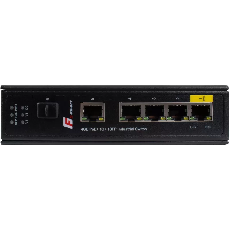GETFORT GF-110-4PG-1G-1S Industrial PoE+ Switch, 4x PoE+ 10/100/1000Base-T + 1x 10/100/1000Base-T + 1x 1000Base-X SFP, -40°C kuni 80°C, DIN Rail, 65W PoE Budget