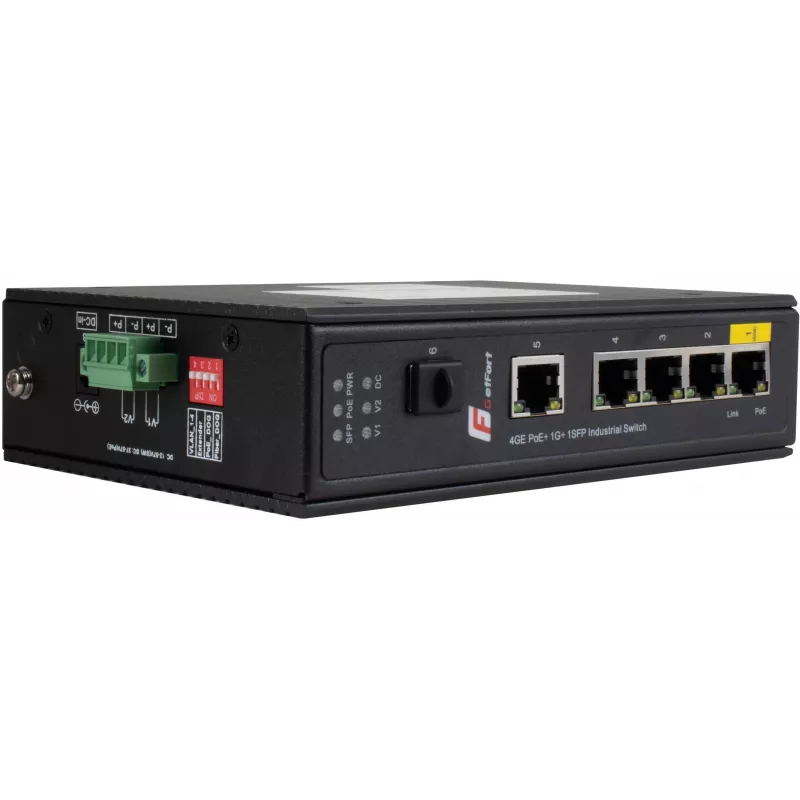 GETFORT GF-110-4PG-1G-1S Industrial PoE+ Switch, 4x PoE+ 10/100/1000Base-T + 1x 10/100/1000Base-T + 1x 1000Base-X SFP, -40°C kuni 80°C, DIN Rail, 65W PoE Budget