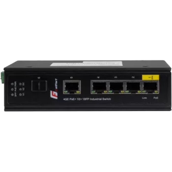 GETFORT GF-110-4PG-1G-1S Industrial PoE+ Switch, 4x PoE+ 10/100/1000Base-T + 1x 10/100/1000Base-T + 1x 1000Base-X SFP, -40°C kuni 80°C, DIN Rail, 65W PoE Budget