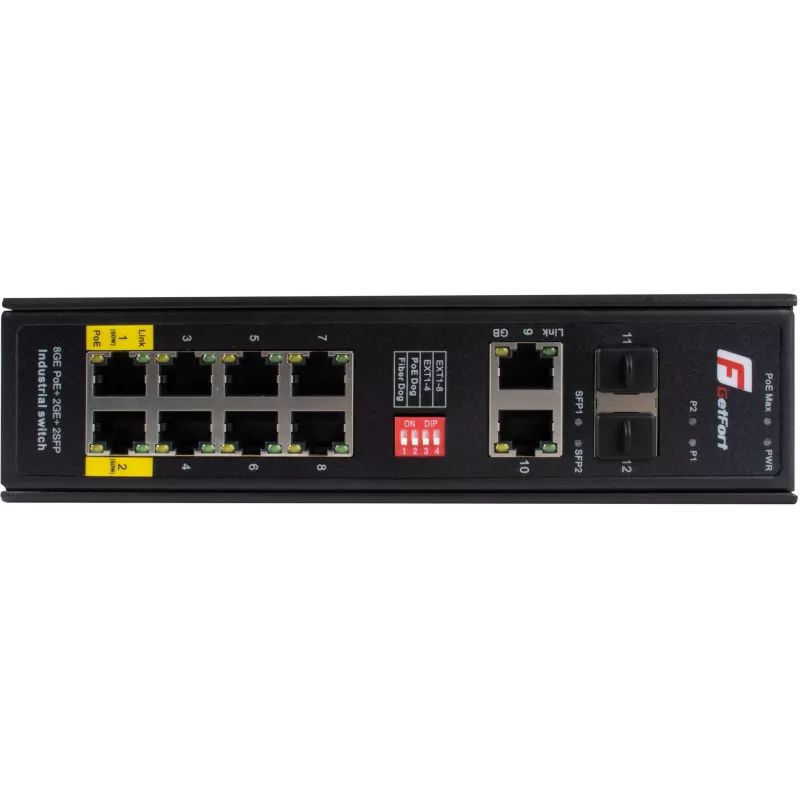 GETFORT GF-110-8PG-2G-2S Industrial PoE+ Switch, 8x PoE+ Gigabit + 2x Gigabit + 2x SFP, -40°C kuni 80°C