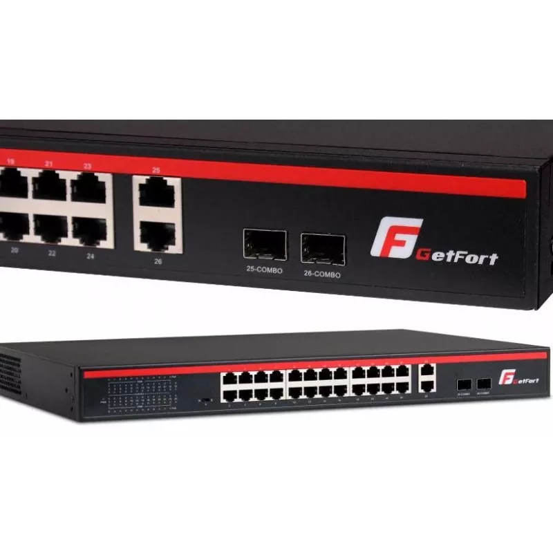 GETFORT GF-226G-24P-250 Unmanaged PoE+ Switch, 24x 10/100Mbps PoE+ Ports, 2x Gigabit RJ45, 2x SFP, 250W, Rackmount