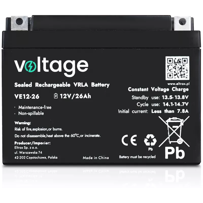 VOLTAGE AGM aku 12V 26Ah VE12-26 (6-9 aastat eluiga)