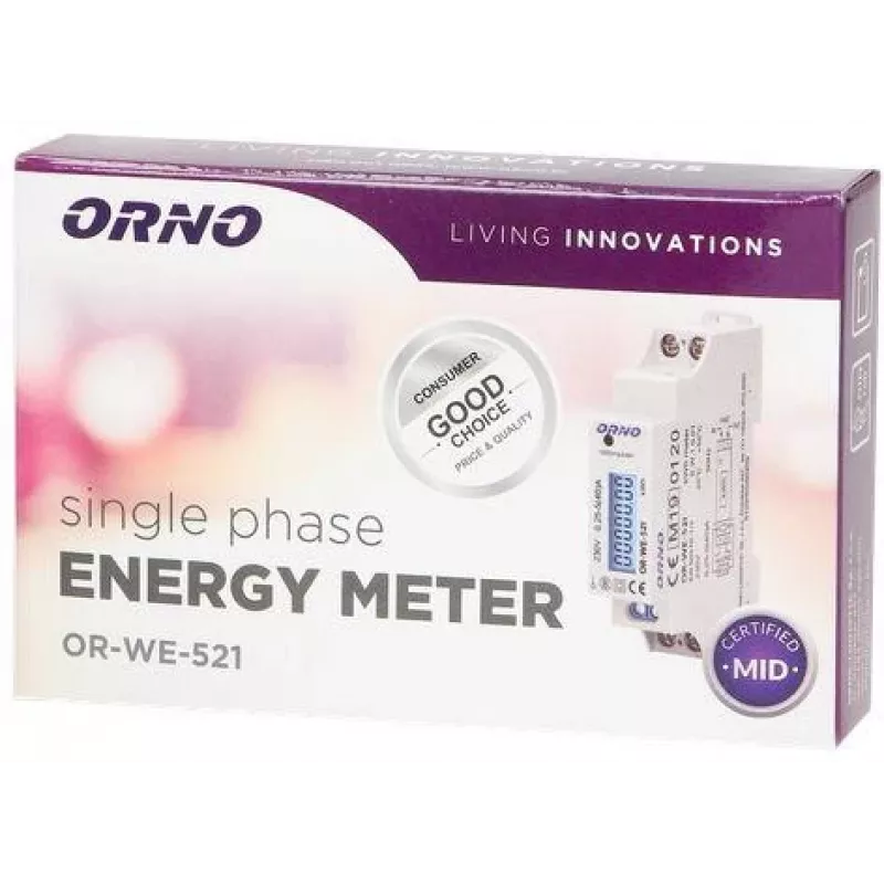 ORNO OR-WE-521 Ühefaasiline Elektriarvesti 230V 40A DIN Rööpale LCD Taustvalgustusega