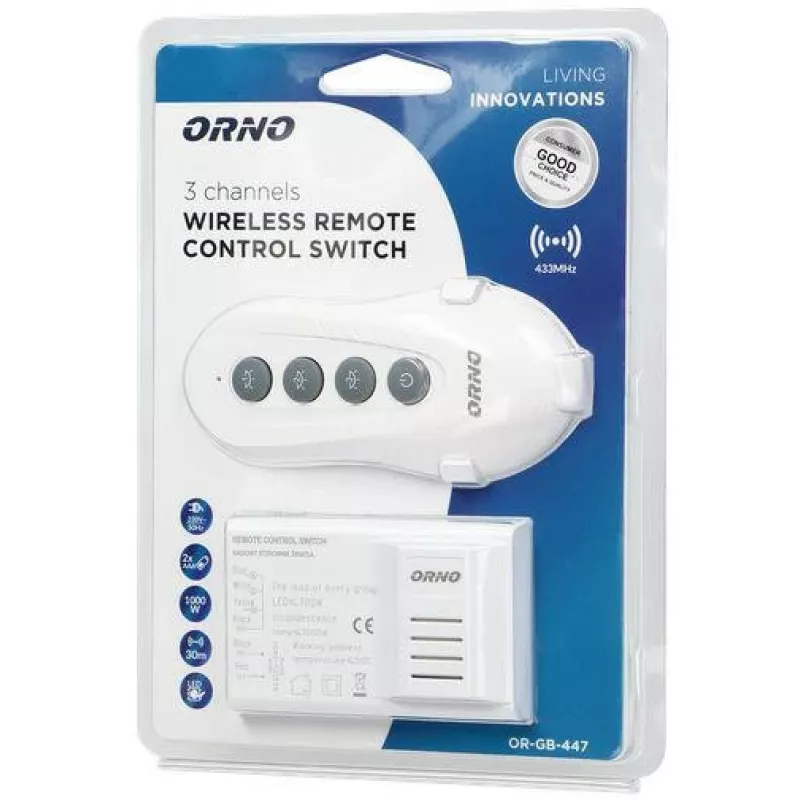 ORNO OR-GB-447 Traadita valgustuse kontroller 1-kanaliline RF-puldi komplekt 433.92 MHz 1000W