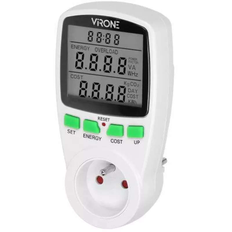 VIRONE EM-4 Ühefaasiline Energiaarvesti LCD-ekraaniga, 16A, 3680W, Schuko-pistikuga