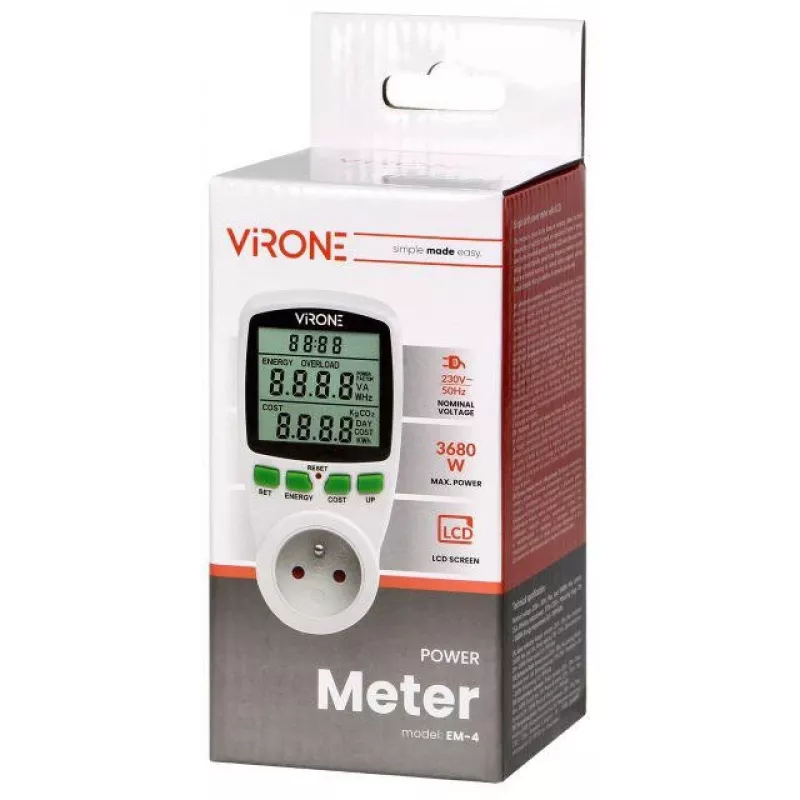 VIRONE EM-4 Ühefaasiline Energiaarvesti LCD-ekraaniga, 16A, 3680W, Schuko-pistikuga