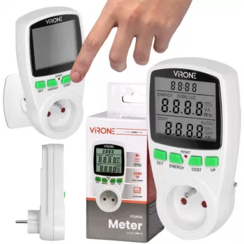 VIRONE EM-4 Ühefaasiline Energiaarvesti LCD-ekraaniga, 16A, 3680W, Schuko-pistikuga
