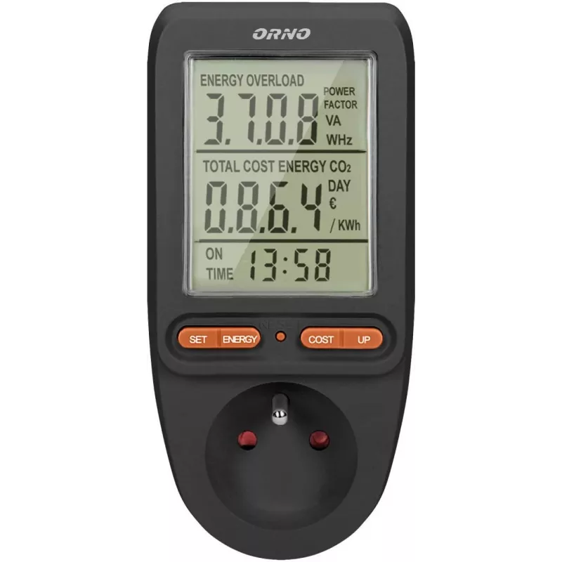 ORNO OR-WAT-435/B Energiamõõtur ja voolutarbimise kalkulaator, 230V, 16A, LCD-ekraan, must