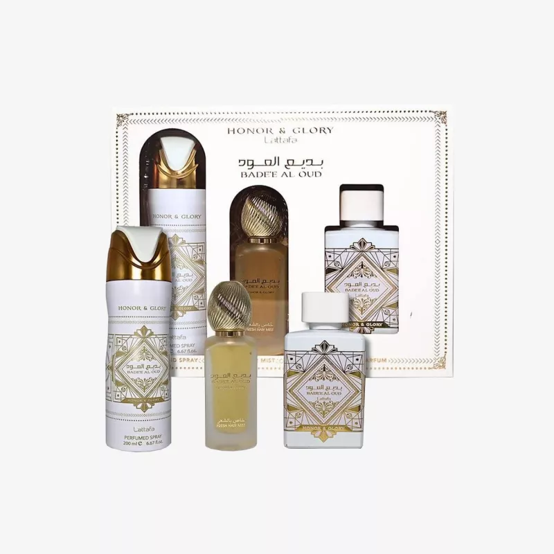 Lattafa Honor & Glory Badee Al Oud Eau de Parfum Kingikomplekt - 100ml EDP + 200ml Lõhnav Kehapihusti + 300ml Õhuvärskendaja