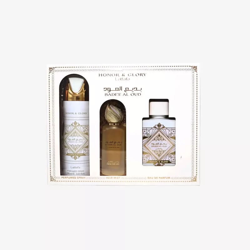 Lattafa Honor & Glory Badee Al Oud Eau de Parfum Kingikomplekt - 100ml EDP + 200ml Lõhnav Kehapihusti + 300ml Õhuvärskendaja