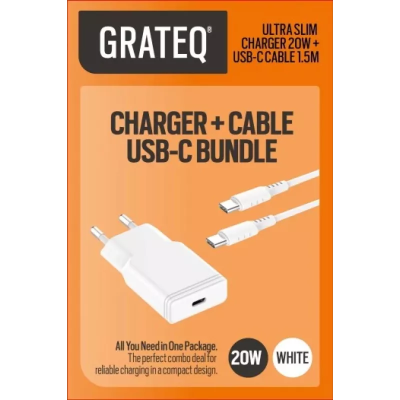 GRATEQ TAHKO 20W USB-C PD seinadapteri komplekt koos 1,5 m USB-C–Lightning kaabliga, valge