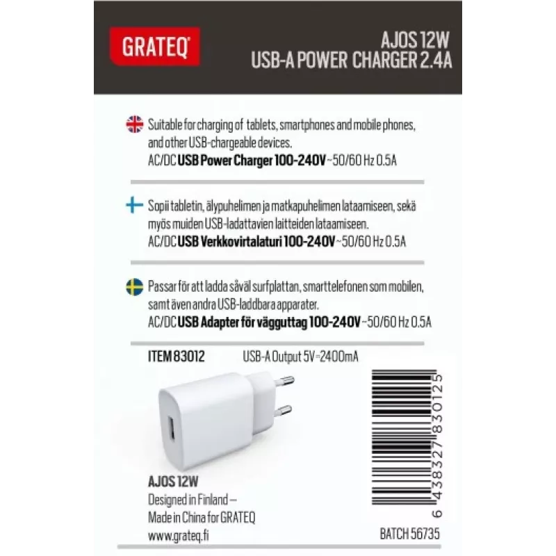 GRATEQ AJOS Laadija USB-A 12W Valge
