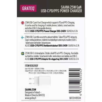 GRATEQ SAANA GaN USB-C 25W PD/PPS seinadapter valge