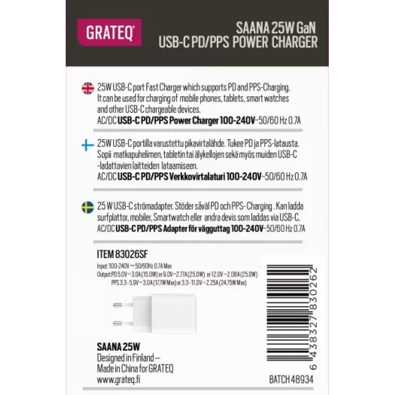GRATEQ SAANA GaN USB-C 25W PD/PPS seinadapter valge