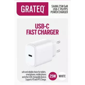 GRATEQ SAANA GaN USB-C 25W PD/PPS seinadapter valge