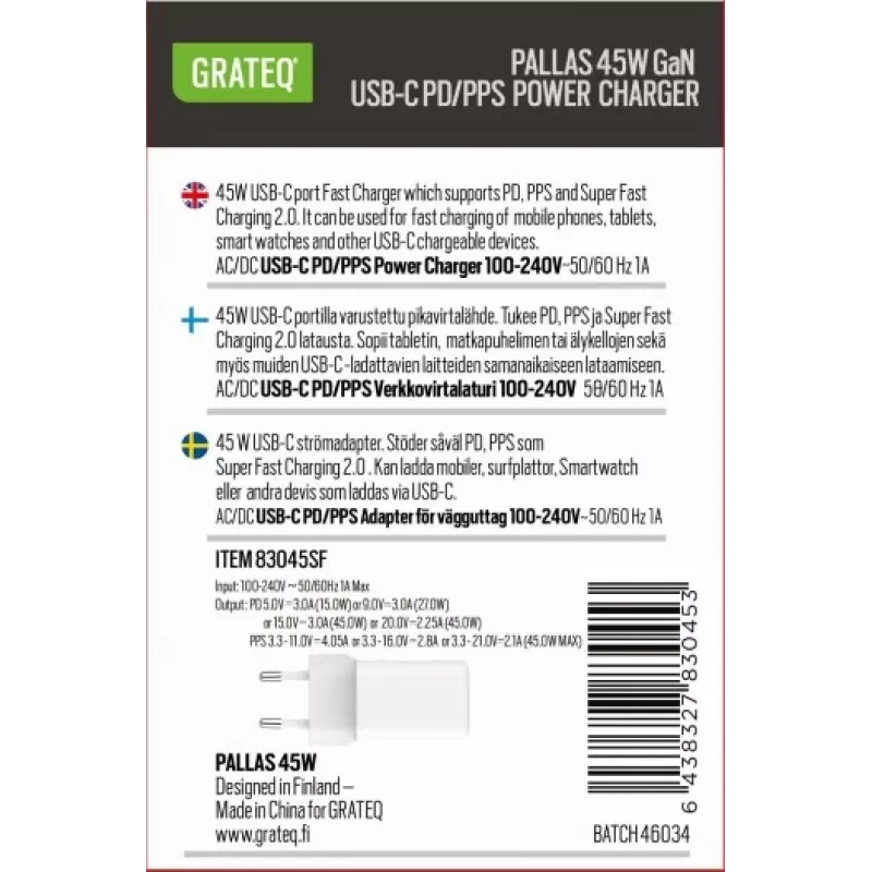 GRATEQ PALLAS GaN USB-C 45W toiteadapter valge