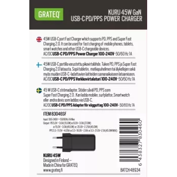 GRATEQ KURU GaN USB-C PD/PPS 45W Must seinadapter