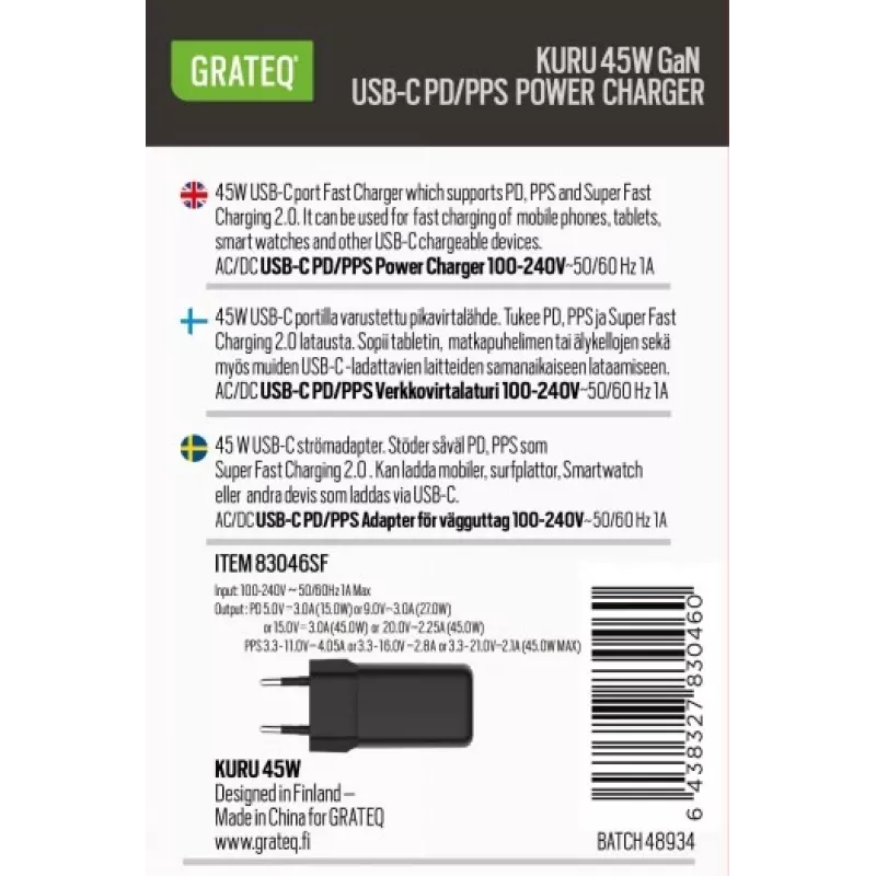 GRATEQ KURU GaN USB-C PD/PPS 45W Must seinadapter