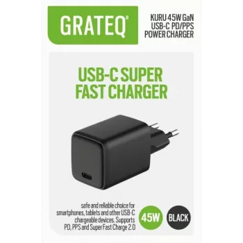 GRATEQ KURU GaN USB-C PD/PPS 45W Must seinadapter