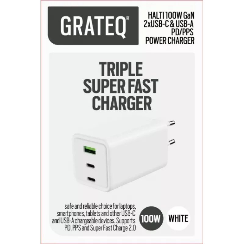 GRATEQ HALTI GaN PD/PPS 2xUSB-C/1xUSB-A 100W Wall Charger Black