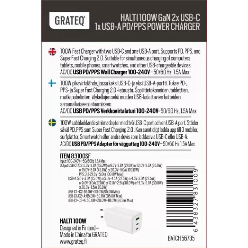 GRATEQ HALTI GaN PD/PPS 2xUSB-C/1xUSB-A 100W Wall Charger Black